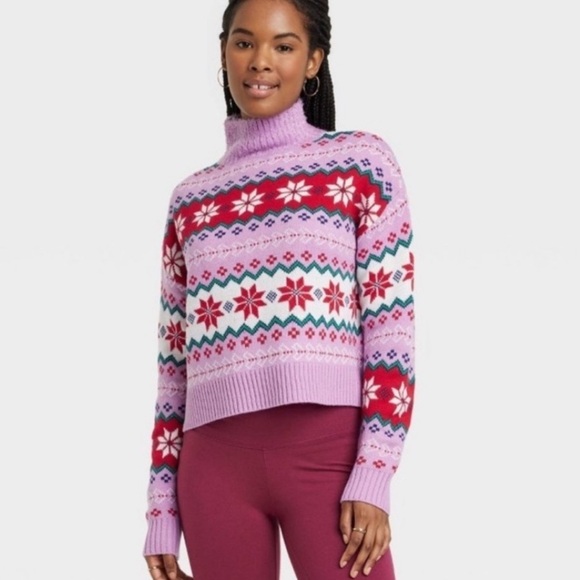 33 DEGREES Holiday Argyle Sweater Size XS X-Small High Neck Cropped Soft Fuzzy - Picture 10 of 11